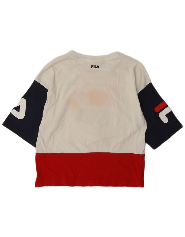 Fila Damen Crop Graphic T-Shirt Top UK 10 Small Weiß Farbblock