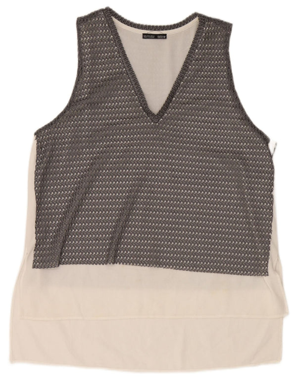 Zara Damen ärmelloses durchsichtiges Top UK 16 Large Grau Farbblock