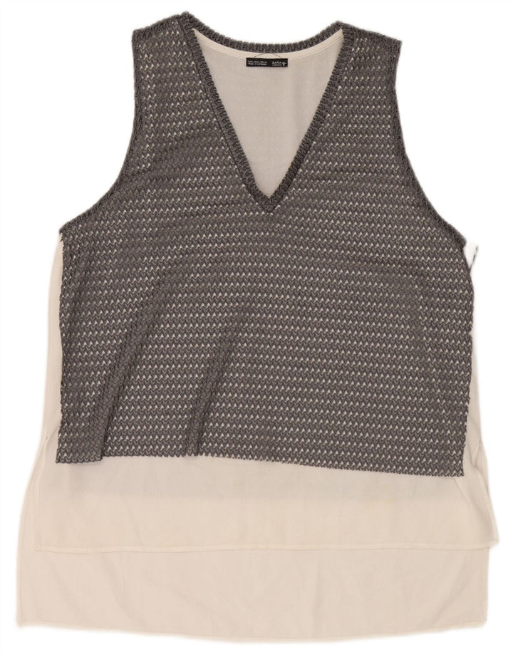 Zara Damen ärmelloses durchsichtiges Top UK 16 Large Grau Farbblock