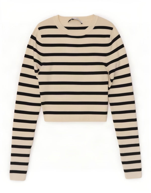 Zara Damen Crop Bluse Top UK 8 Small Off White Gestreifte Viskose