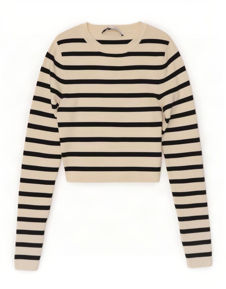 Zara Damen Crop Bluse Top UK 8 Small Off White Gestreifte Viskose