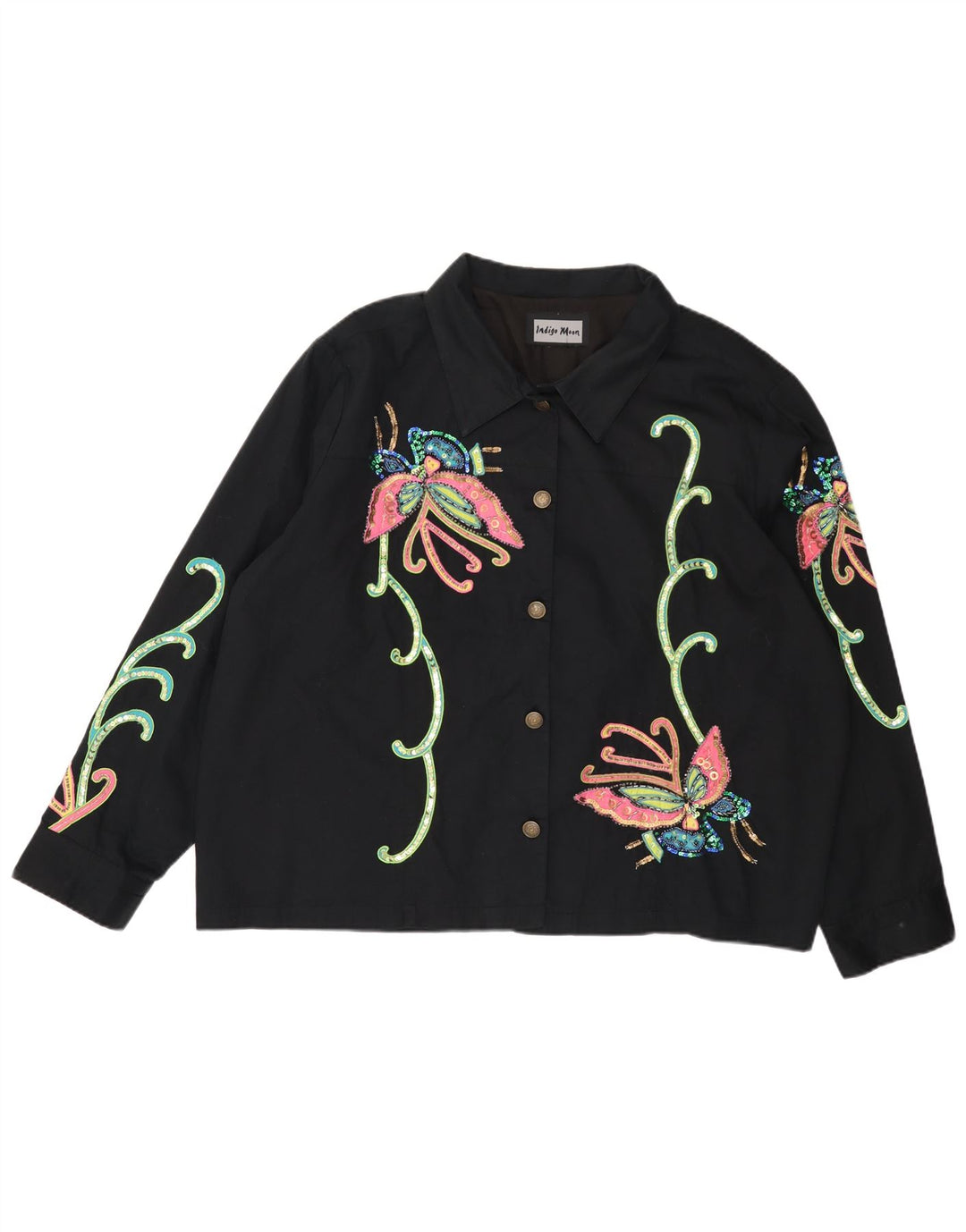 INDIGO MOON Damen Übergroße Bomberjacke UK 22 3XL Schwarzer Schmetterling
