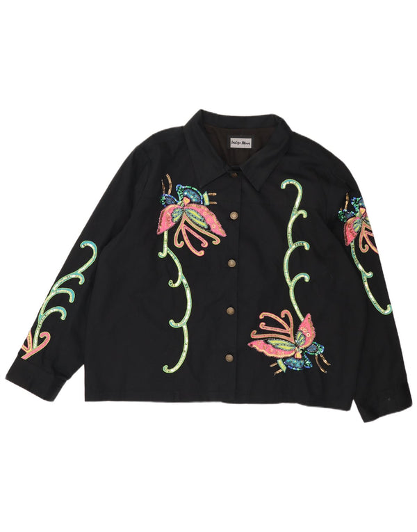 INDIGO MOON Damen Übergroße Bomberjacke UK 22 3XL Schwarzer Schmetterling