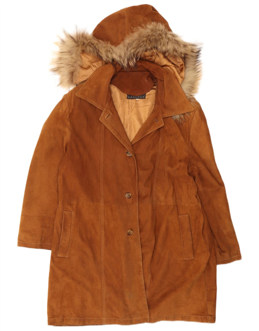 Roberta Ferrini Damen Wildledermantel mit Kapuze IT 44 Mittelbraunes Leder