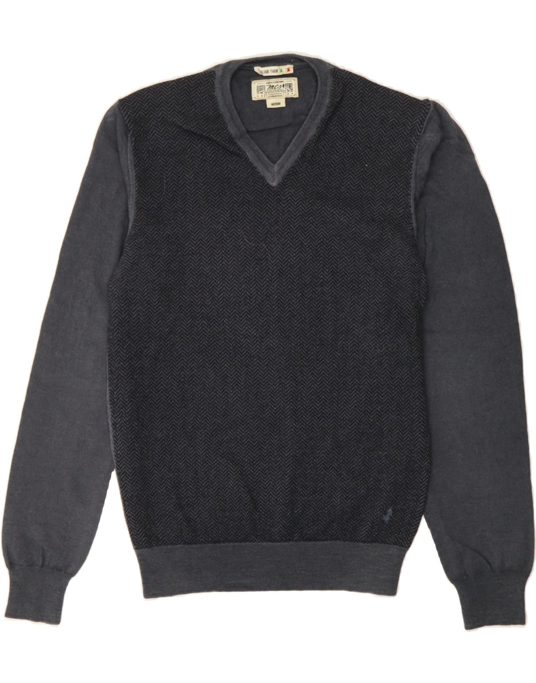 MARLBORO CLASSICS Mens V-Neck Jumper Sweater Medium Grey Herringbone Wool Vintage Marlboro Classics and Second-Hand Marlboro Classics from Messina Hembry 