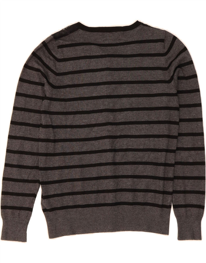 MARKS & SPENCER Womens Cardigan Sweater UK 12 Medium Grey Striped Viscose Vintage Marks & Spencer and Second-Hand Marks & Spencer from Messina Hembry 