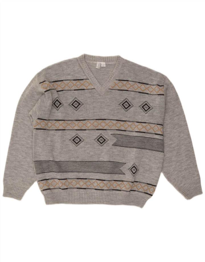VINTAGE Herren Pullover mit V-Ausschnitt UK 46/48 2XL Grau Argyle/Diamant