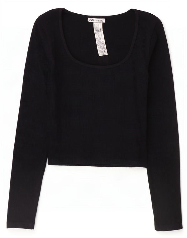 Zara Damen Crop Top Langarm UK 12 Medium Schwarz Polyamid