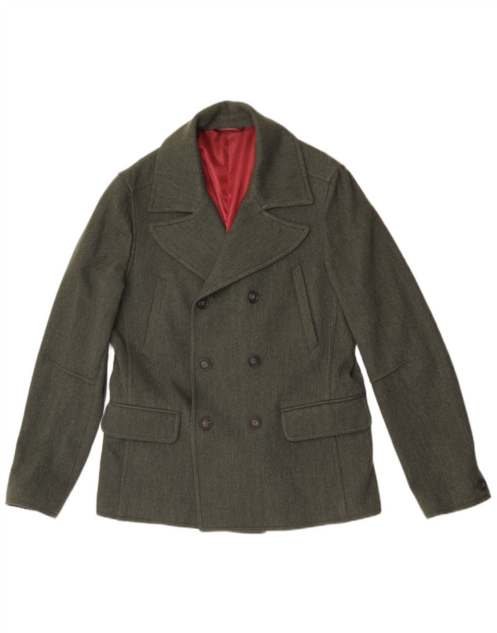 Liu Jo Herren Pea Coat UK 40 Große grüne Wolle mit Fischgrätenmuster