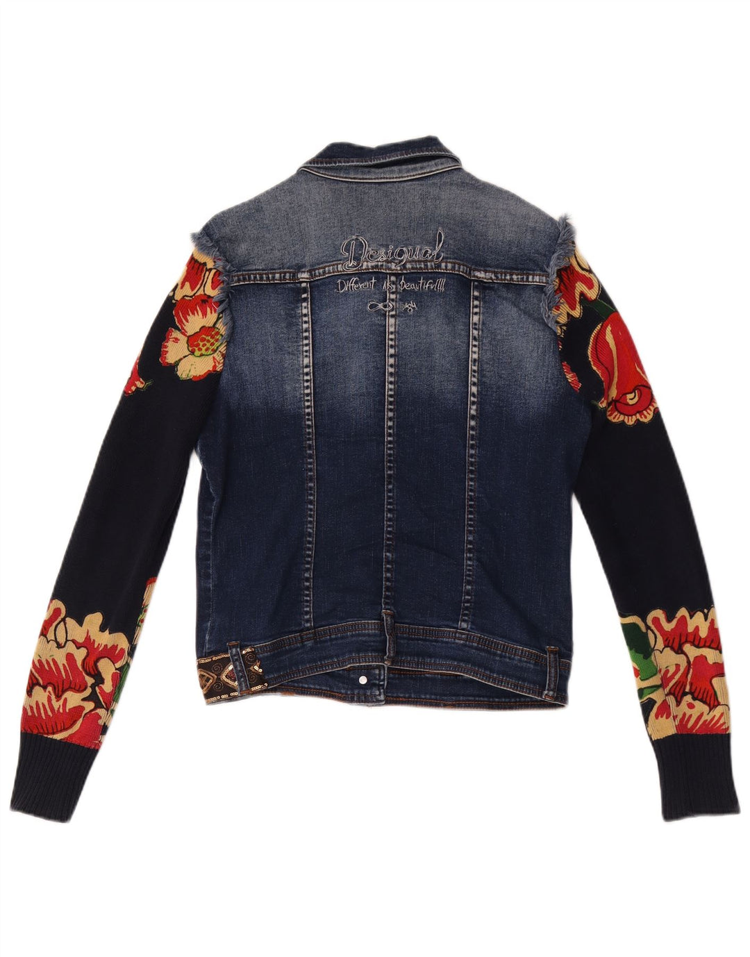 Desigual Damen Grafik-Jeansjacke EU 38 Mittelmarineblaue Blumenbaumwolle