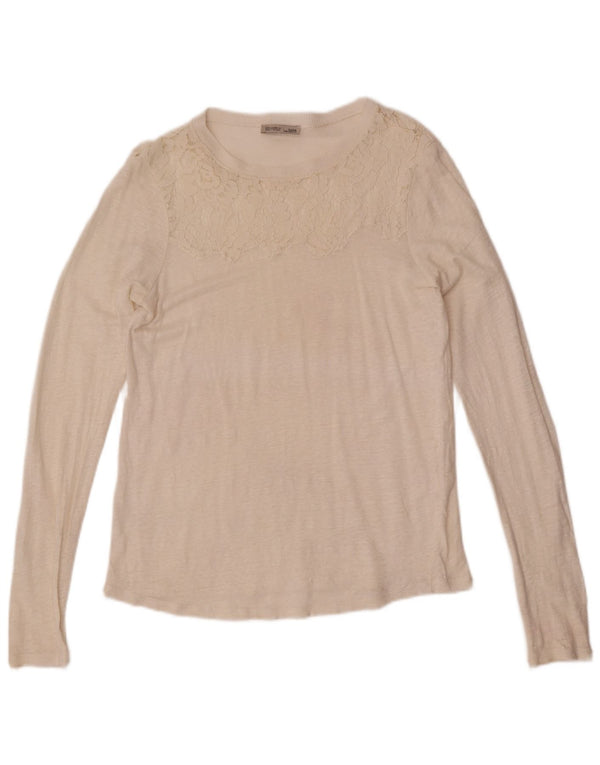 Zara Damen Top Langarm UK 12 Medium Off White Floral