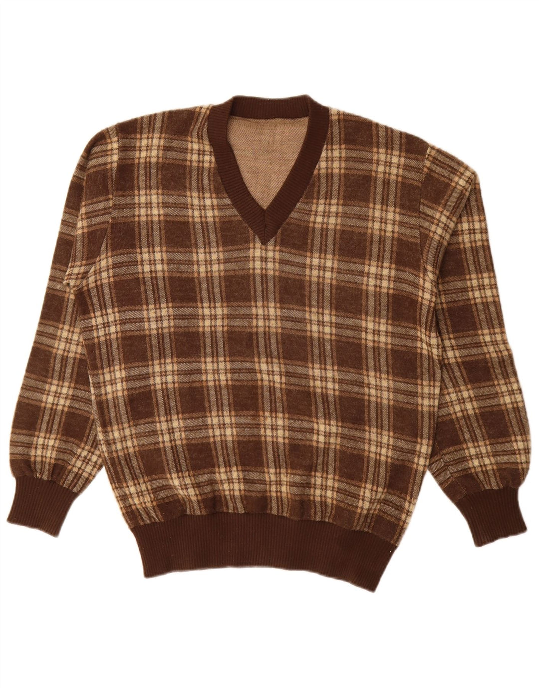 Vintage Herren Pullover mit V-Ausschnitt, groß, braun kariert, Acryl