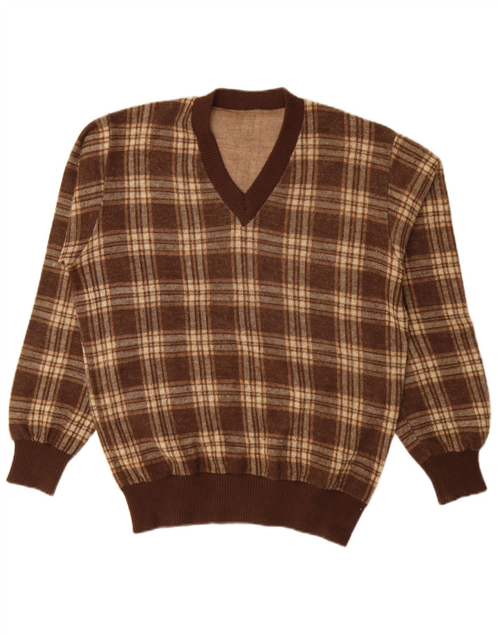 Vintage Herren Pullover mit V-Ausschnitt, groß, braun kariert, Acryl