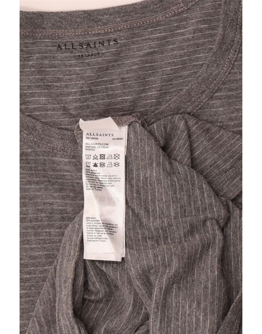 ALL SAINTS Herren T-Shirt 2XL grau gestreift aus Baumwolle