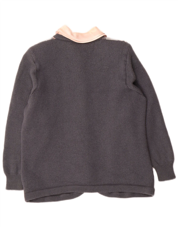 Vintage Damen Cardigan Pullover UK 12 Mittelgraue geometrische Wolle