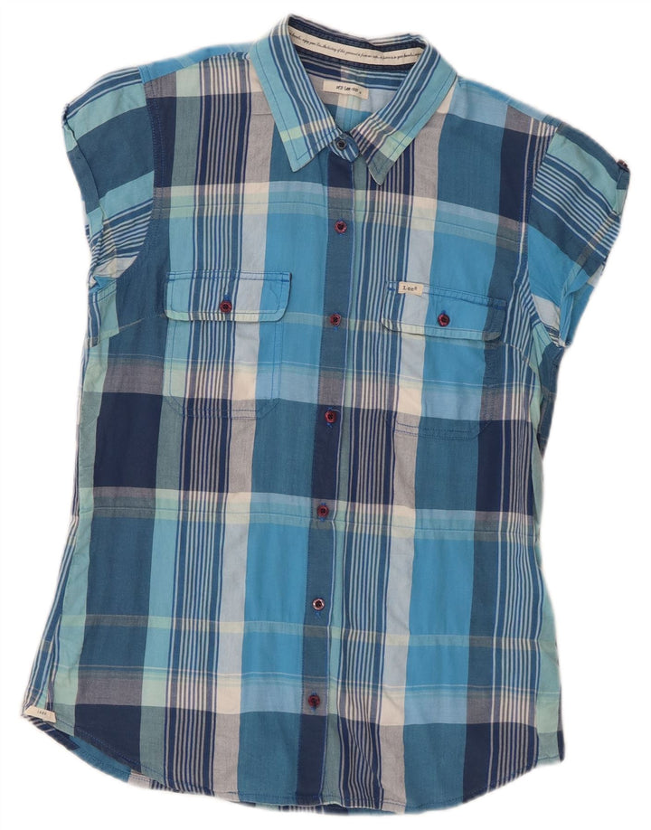 Lee Damen Kurzarmhemd UK 12 Mittelblau karierte Baumwolle