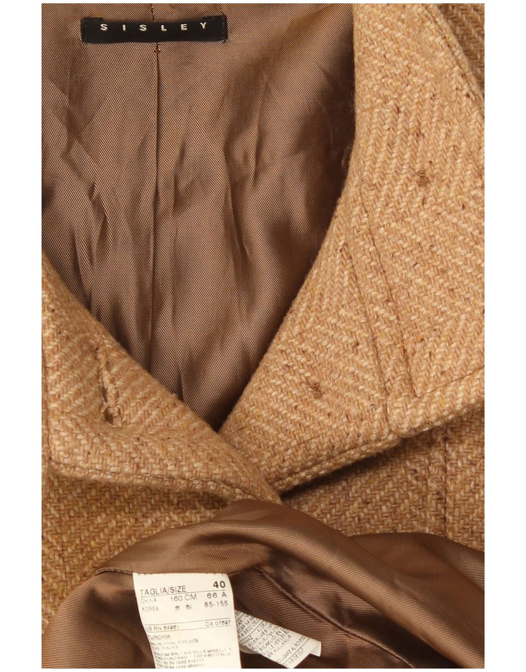 Sisley Damen Mantel IT 40 Small Beige Herringbone Polyester
