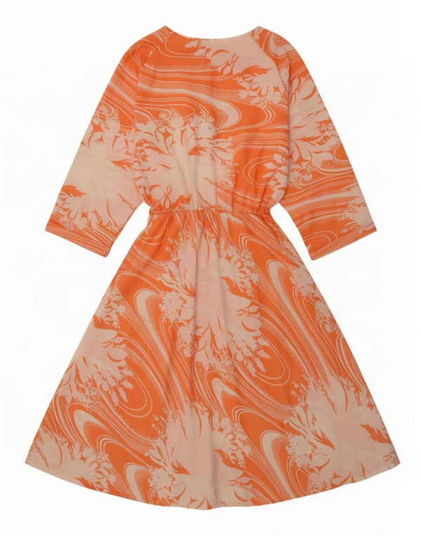 Vintage Damen 3/4-Ärmel A-Linien-Kleid UK 12 Medium Orange Floral