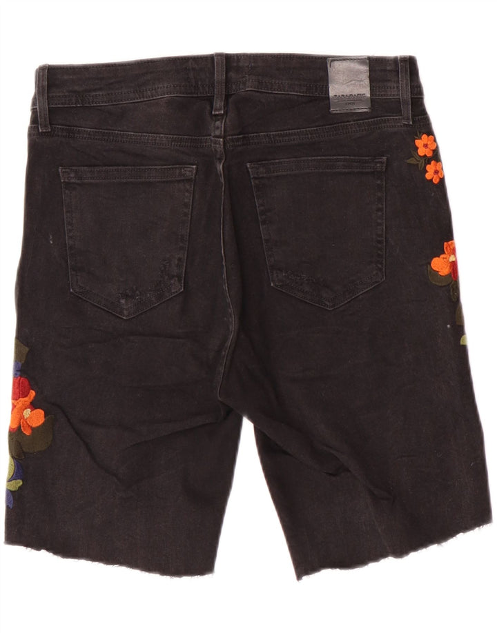 Zara Damen Denim-Shorts mit Grafik, EU 38, Größe S, W28, Schwarz, Blumenmuster, Bohemian-Stil