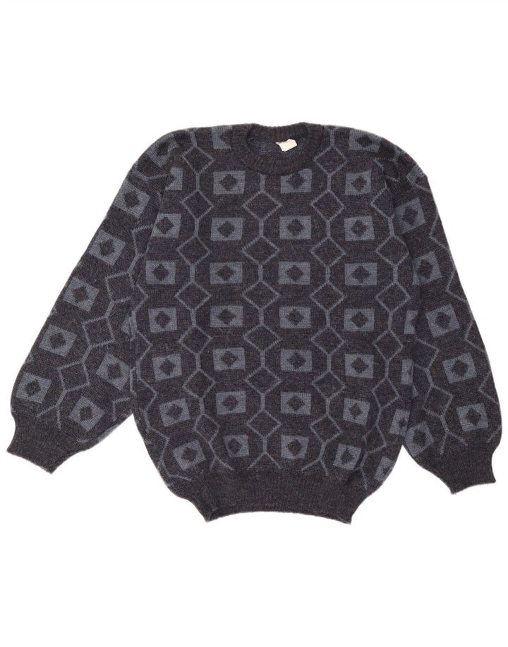 Vintage Herren Pullover mit Rundhalsausschnitt, Mittelgrau, geometrisches Acryl