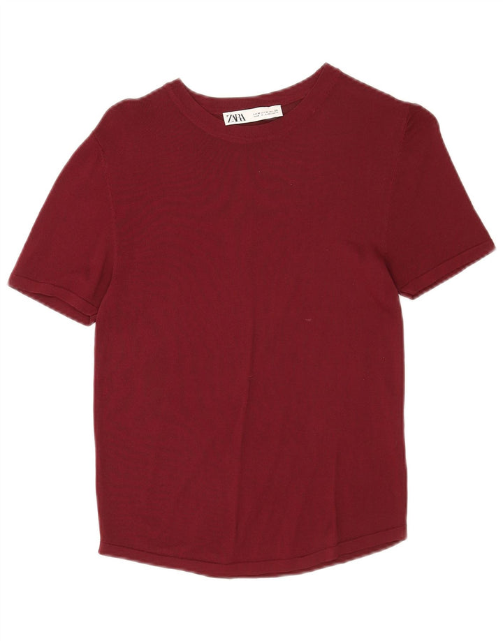 Zara Damen T-Shirt Top UK 12 Medium Burgund Viskose