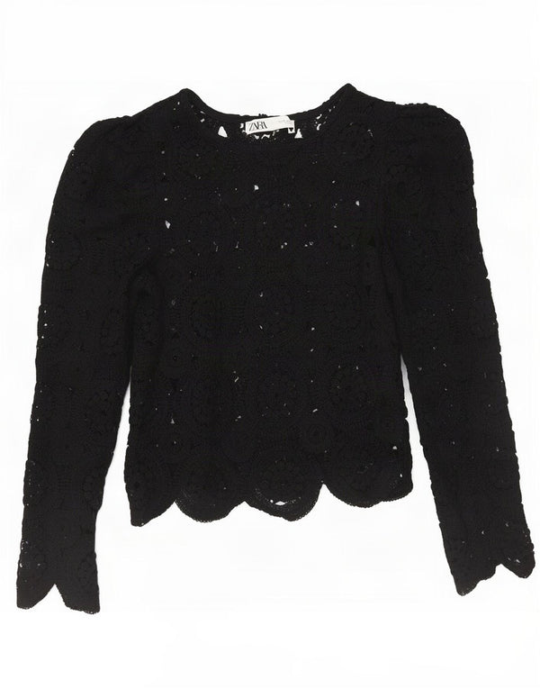 Zara Damen Crop Crochet Top 3/4 Ärmel UK 8 Small Schwarz geblümt