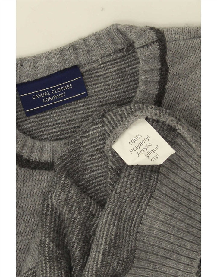 Vintage Herren Pullover mit grafischem Rundhalsausschnitt, groß, aus grauem Polyacryl