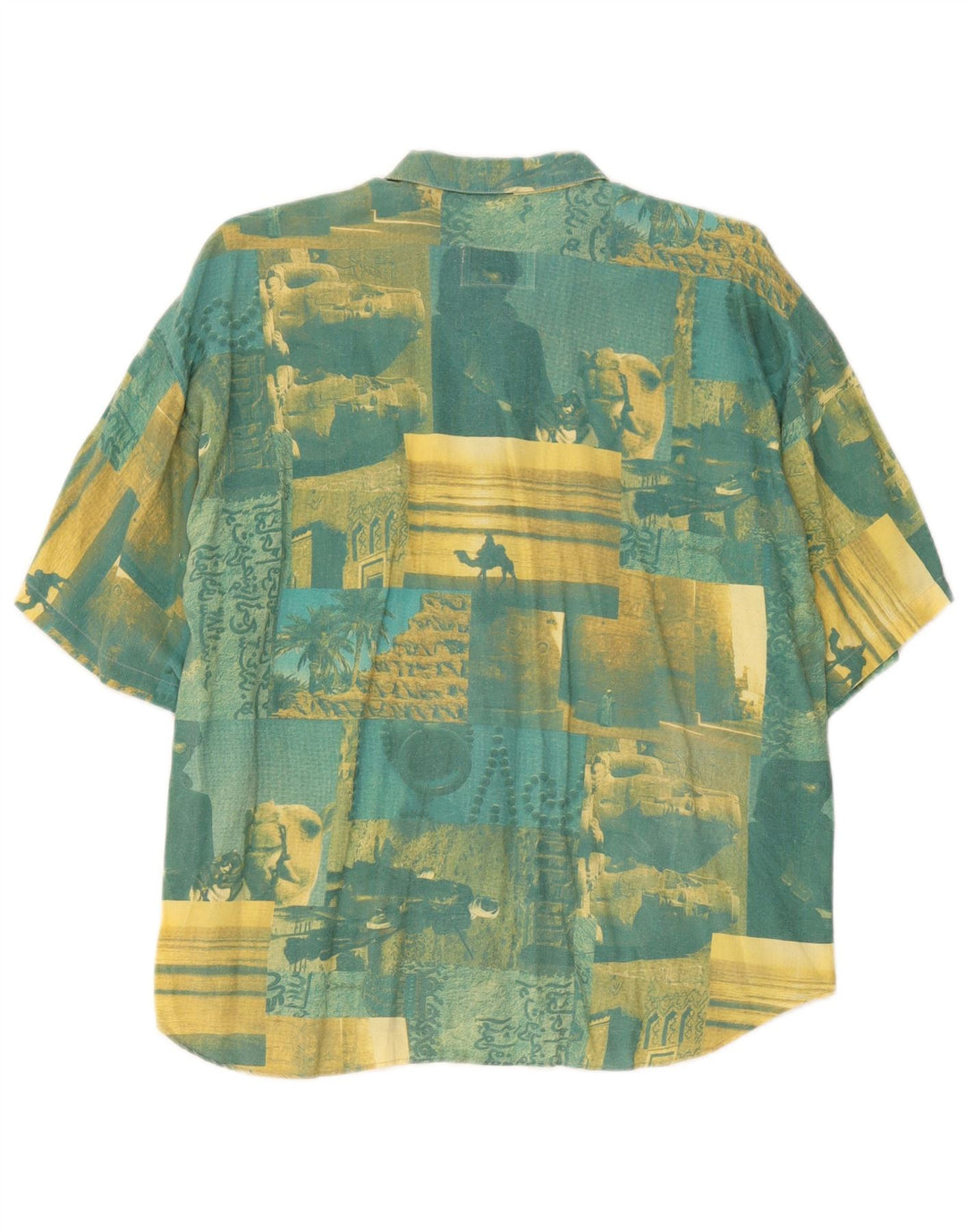 Vintage Herren Grafik Kurzarmshirt 2XL Grün Patchwork Baumwolle