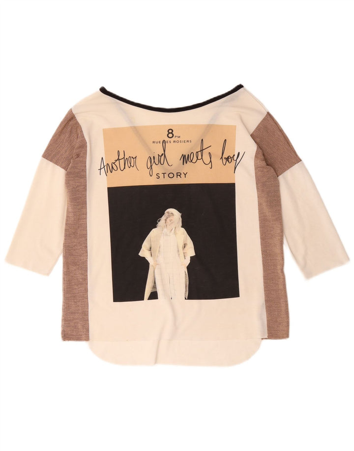 Zara Damen-Oberteil mit Grafik, übergroß, 3/4-Ärmel, UK 10, Größe S, Weiß