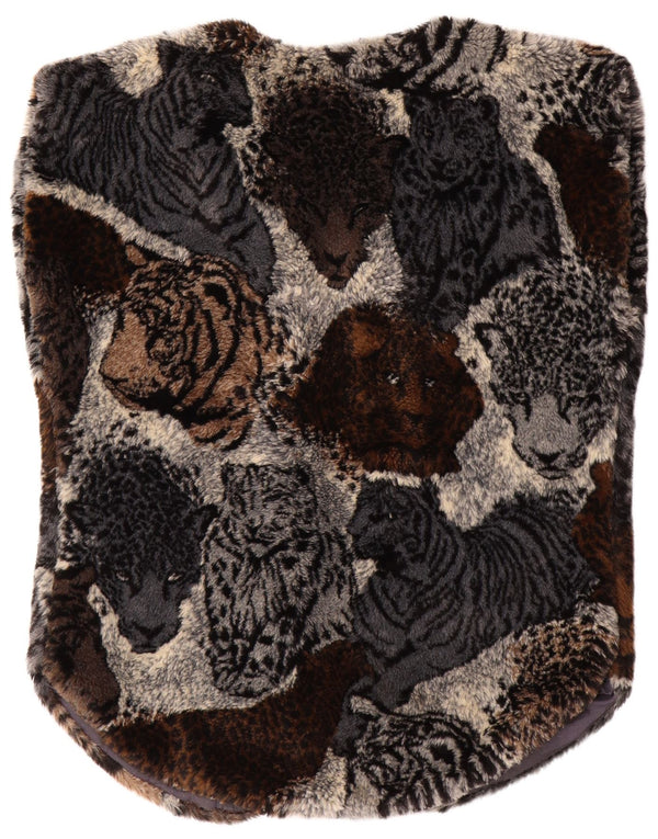 VINTAGE Offene Kunstpelzweste für Damen, UK 16, großes braunes Acryl-Animal-Print