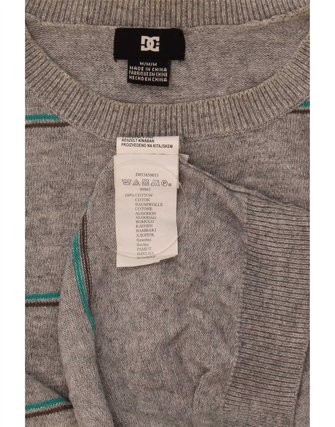 DC Herren-Pullover mit Rundhalsausschnitt, mittelgrau, gestreift, Baumwolle