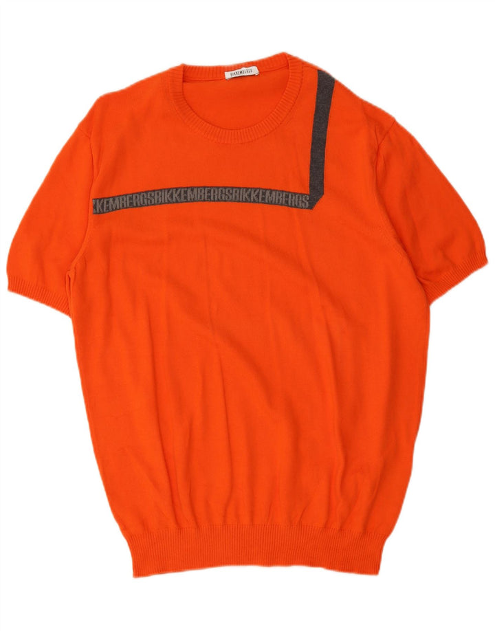 Bikkembergs Herren-Pullover mit grafischem Rundhalsausschnitt, groß, aus orangefarbener Baumwolle