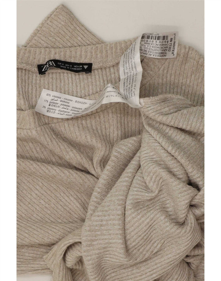 Zara Womens Front Tie Top Langarm UK 10 Small Beige Viskose