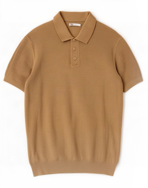 Zara Herren-Pullover mit Polokragen, kurzärmelig, mittlere Khaki-Baumwolle