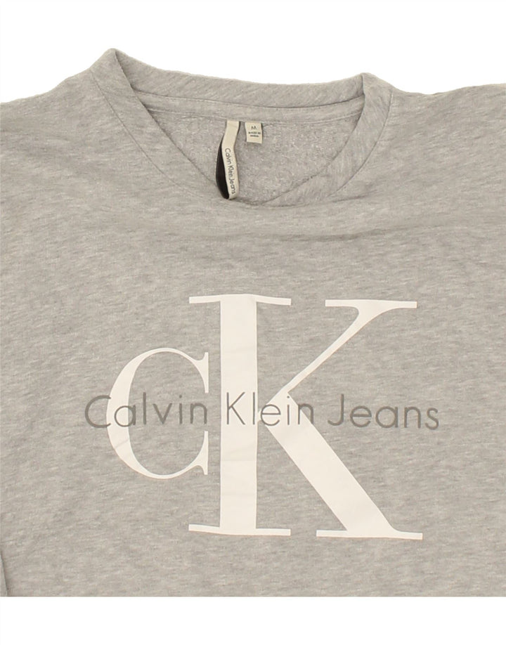 CALVIN KLEIN Womens Crop Graphic Sweatshirt Jumper UK 14 Medium Grey Vintage Calvin Klein and Second-Hand Calvin Klein from Messina Hembry 