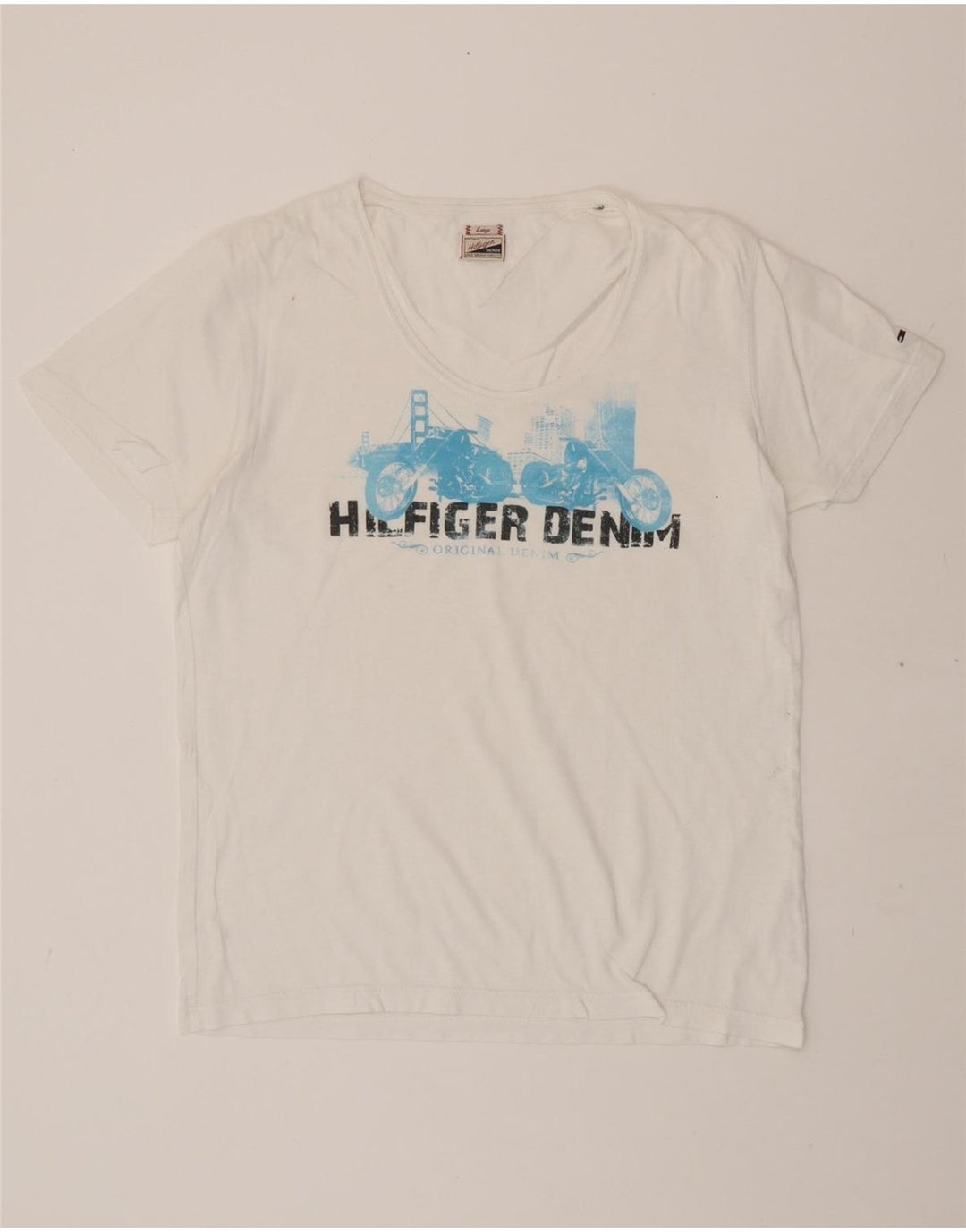 TOMMY HILFIGER Mens Graphic T-Shirt Top Large White Vintage Tommy Hilfiger and Second-Hand Tommy Hilfiger from Messina Hembry 