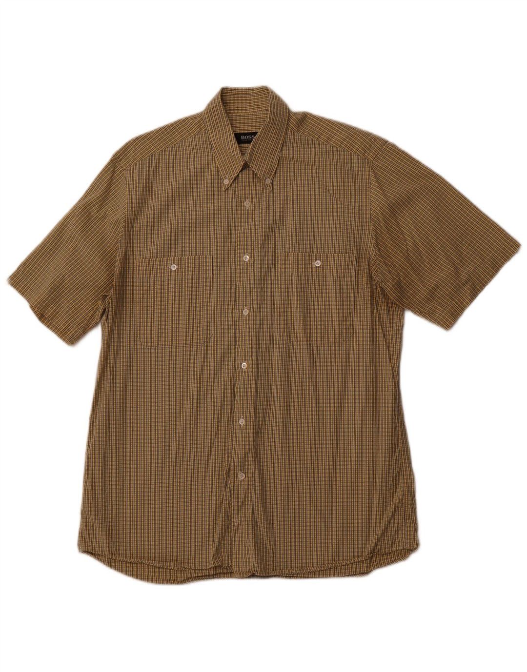 HUGO BOSS Herren Kurzarmhemd Größe 40 Mittelgelb karierte Baumwolle