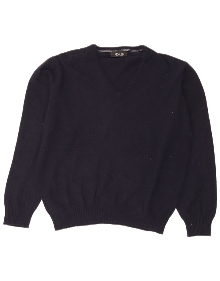 Zara Herren-Pullover mit V-Ausschnitt, groß, marineblaue Wolle
