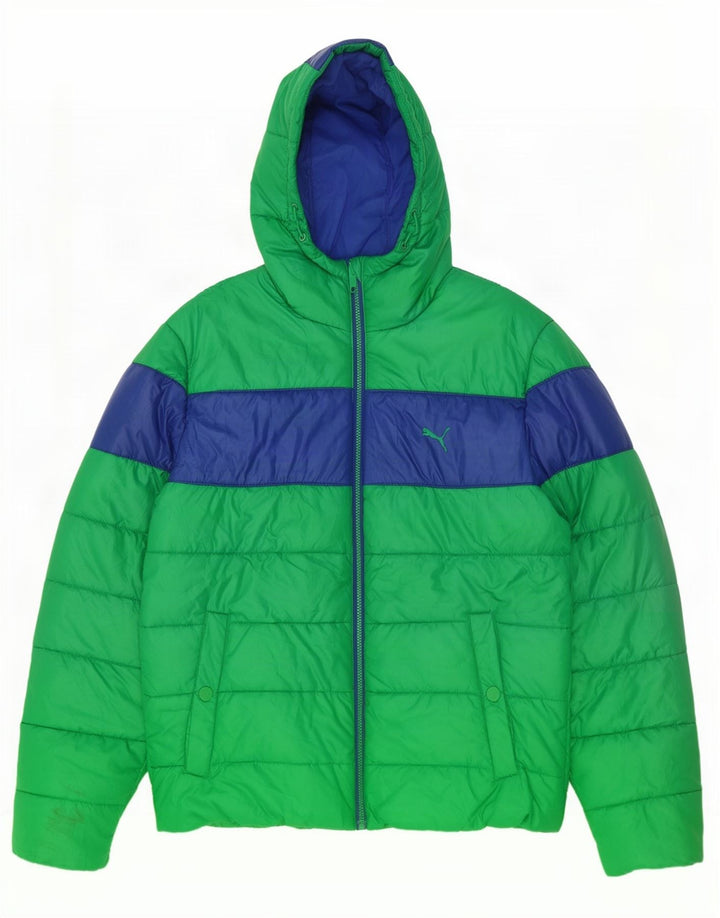 Puma Herren-Kapuzenjacke, gepolstert, Größe 40, groß, grünes Farbblock-Polyester