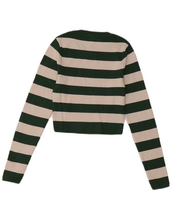 Zara Damen Crop Top Langarm UK 8 Small Grün gestreifte Viskose