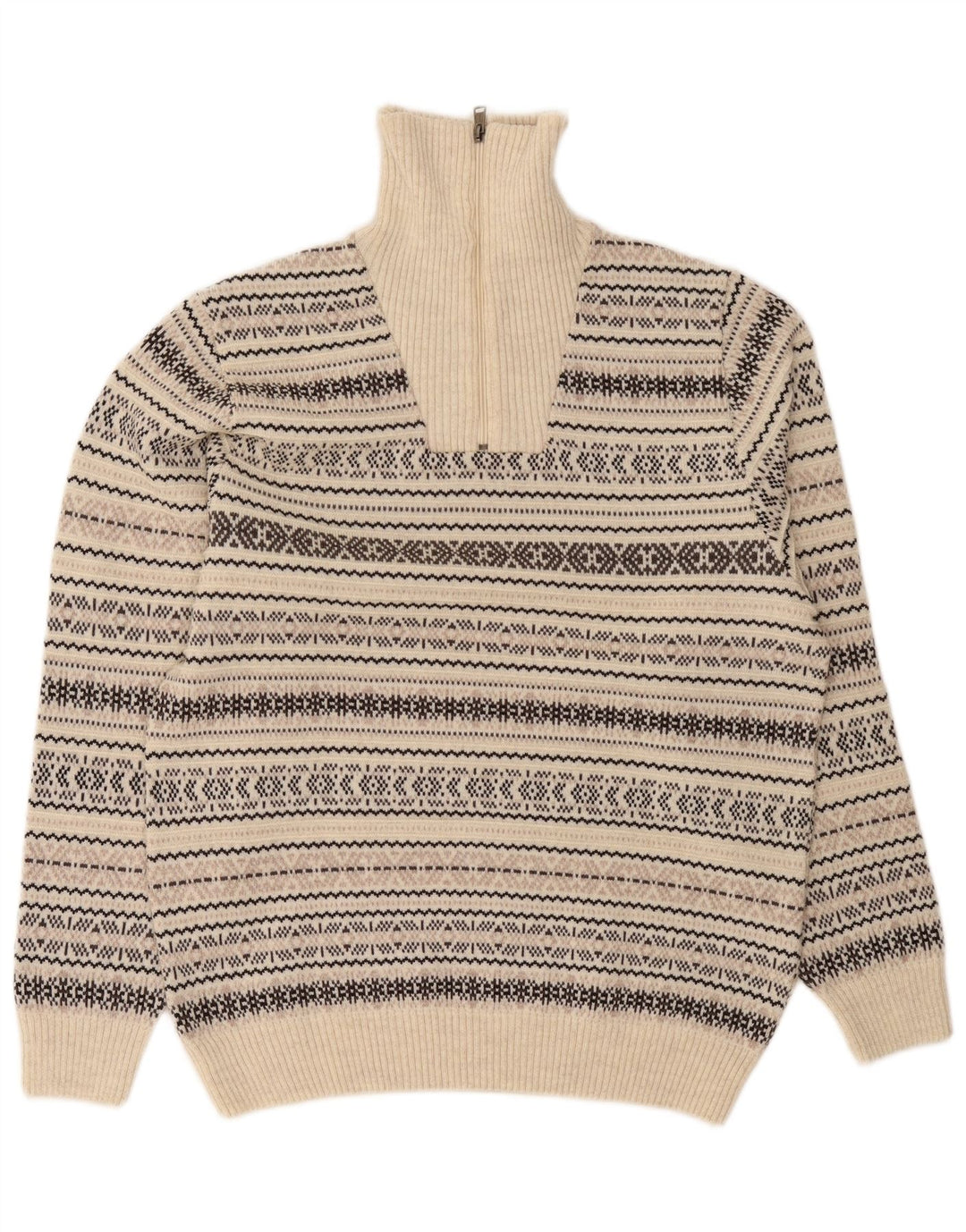 Jim Spencer Herren-Pullover mit Reißverschluss am Hals, Mittelbeige, Fair-Isle-Wolle