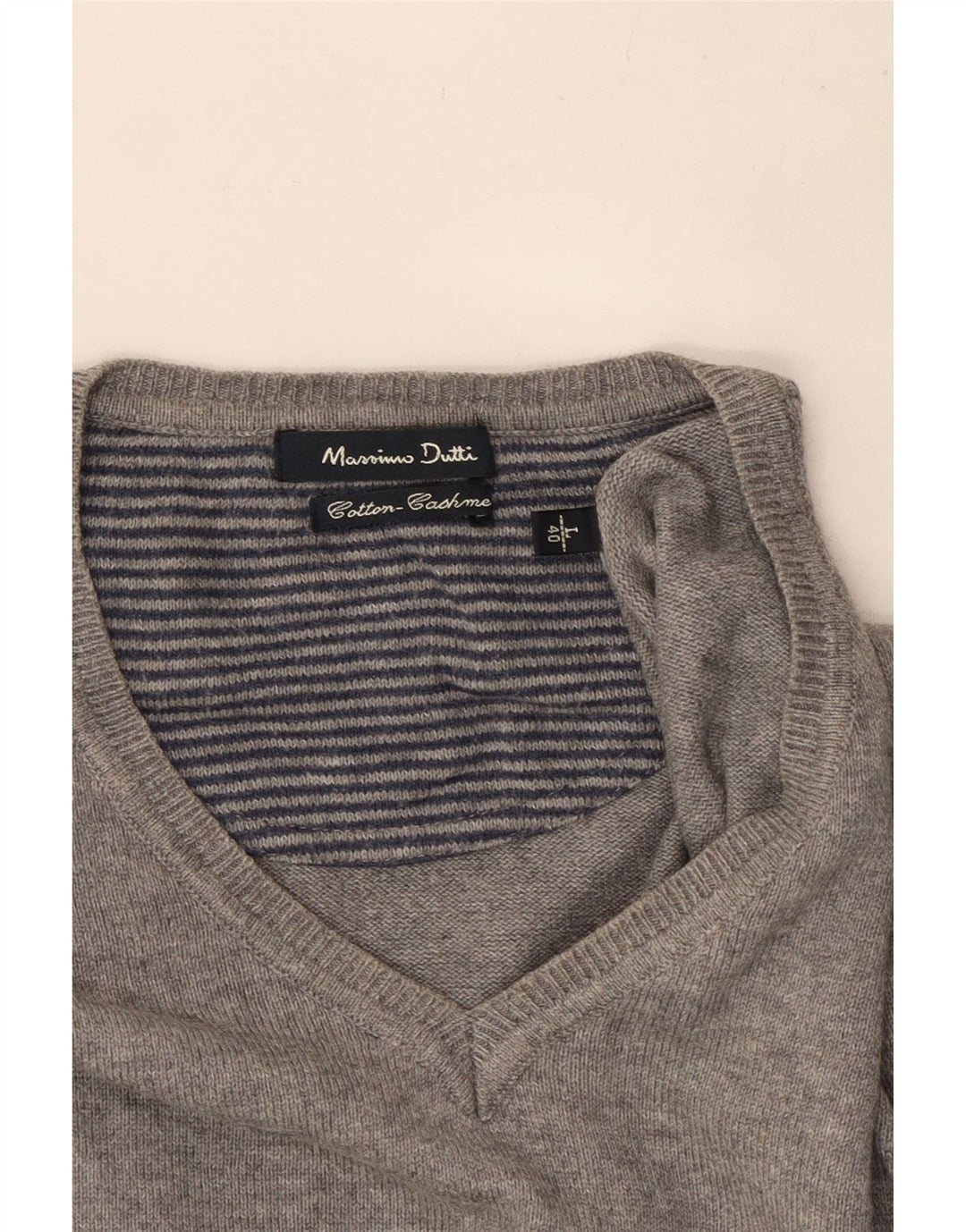 Massimo Dutti Herren-Pullover mit V-Ausschnitt, groß, graue Baumwolle