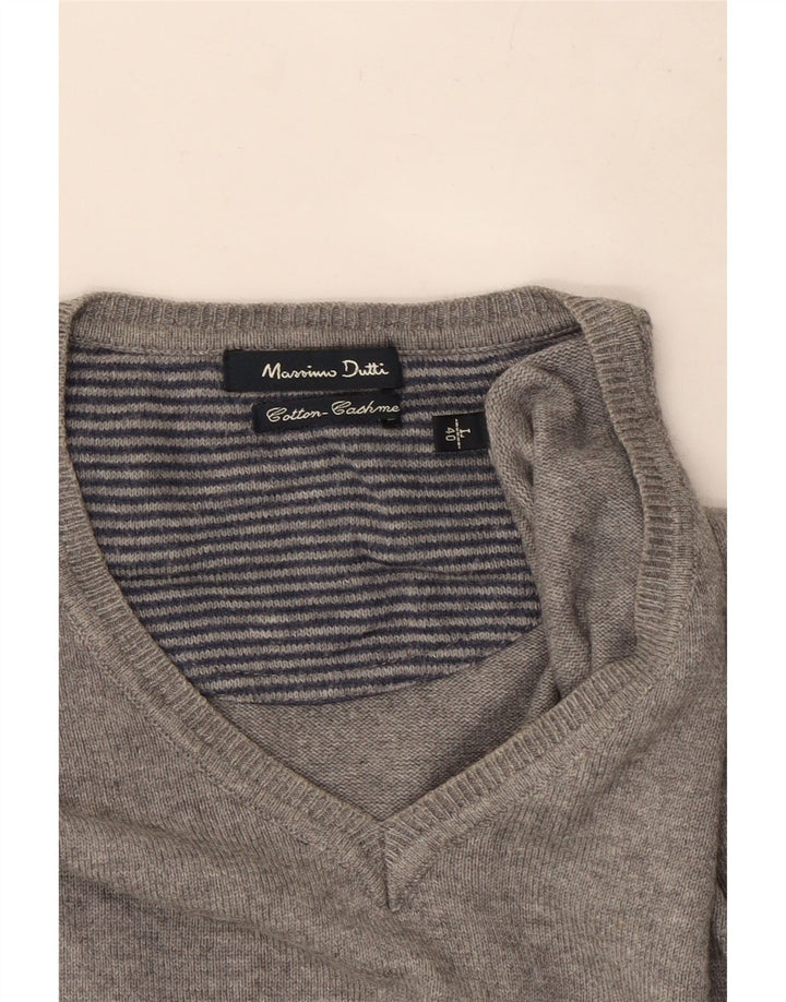 Massimo Dutti Herren-Pullover mit V-Ausschnitt, groß, graue Baumwolle