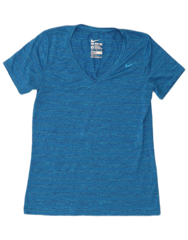 Nike Damen Dri Fit T-Shirt Top UK 12 Mittelblau gestreift Polyester