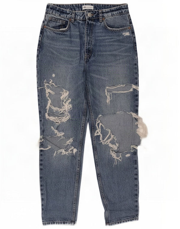 Zara Damen Distressed Tapered Jeans EU 38 Small W28 L27 Blau