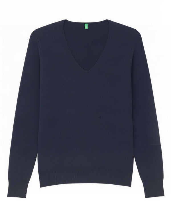 Benetton Damen-Pullover mit V-Ausschnitt, Gr. 10, Größe S, Marineblau, Baumwolle