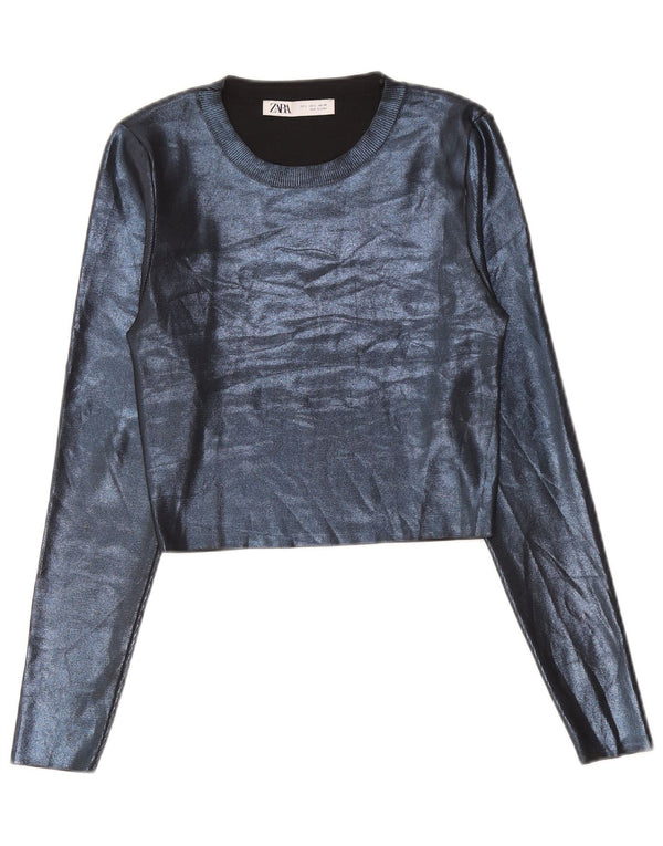 Zara Damen Crop Top Langarm UK 14 Large Blau