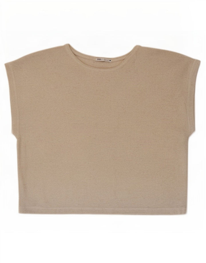 Zara Damen Bluse Top UK 16 Large Beige Polyester