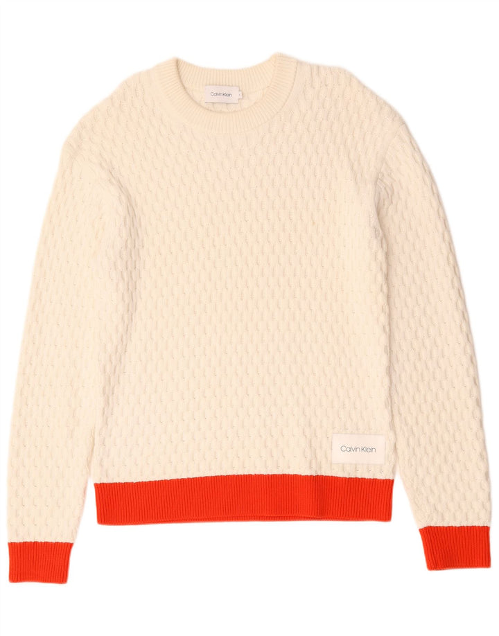 Calvin Klein Herren-Pullover mit Rundhalsausschnitt, mittelweiße Colourblock-Baumwolle