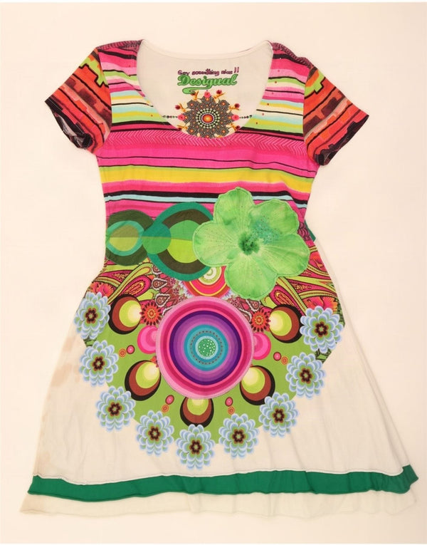 Desigual Damen Grafik-A-Linien-Kleid, UK 20 2XL, weiße Blumen-Baumwolle